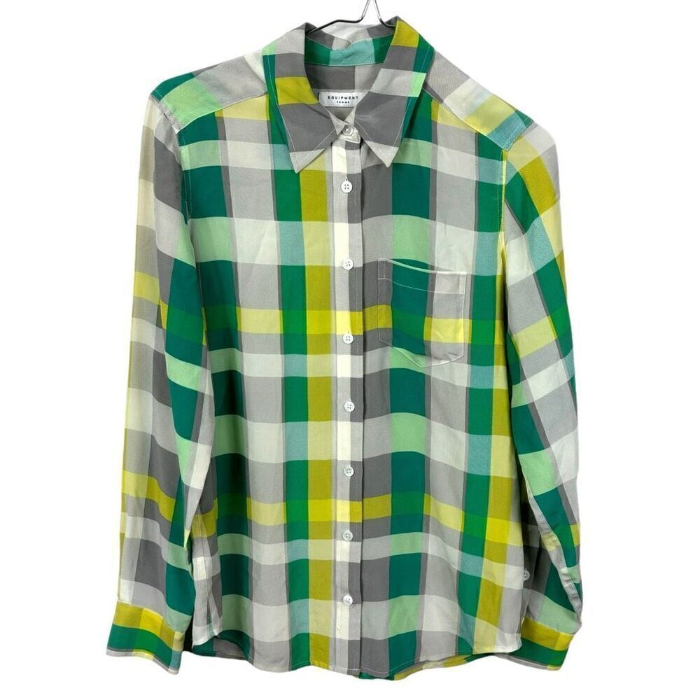 Equipment Green Yellow Silk Plaid Print Button-Up Top